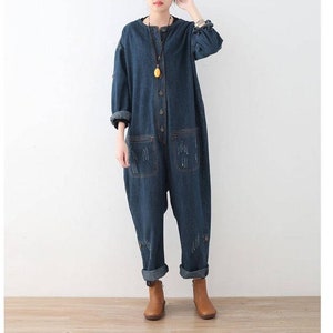 Womens Autumn Winter Vintage Loose Fitting Round Collar Long Sleeve Denim Cotton Jumpsuit   With Pockets, Casual Jumpsuits, Casual Overalls