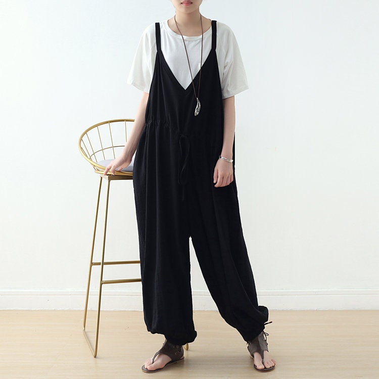 Womens Summer Loose Fitting V Neck Cotton Overalls Jumpsuit With ...