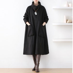 Womens Autumn Winter Loose Fitting High Collar Cotton Dress With Big Pockets, Woman Casual Dress, Autumn Dress, Winter Dress, Bust>150CM