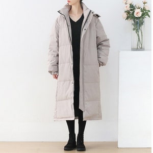 Womens Winter Loose Fitting Minimalist Zipper Hooded Light Down Coat With Pockets, Casual Down Coat, Long Down Coat, Winter Coat For Women
