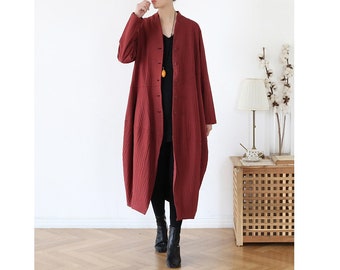 Womens Loose Fitting Batwing Sleeve Minimalist Linen Shirt Dress Cardigan Outerwear With Pockets, Casual Dress, Casual Outerwear For Women