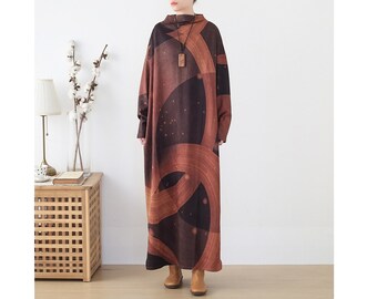 Womens Autumn Winter Loose Fitting Retro Print High Collar Slim Robe Dress, Casual Dress, Long Dress, Autumn Dress, Winter Dress For Women