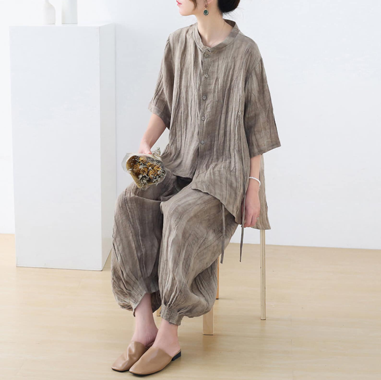 Womens Summer Loose Fitting Fashion Short Linen Pants Suit - Etsy UK