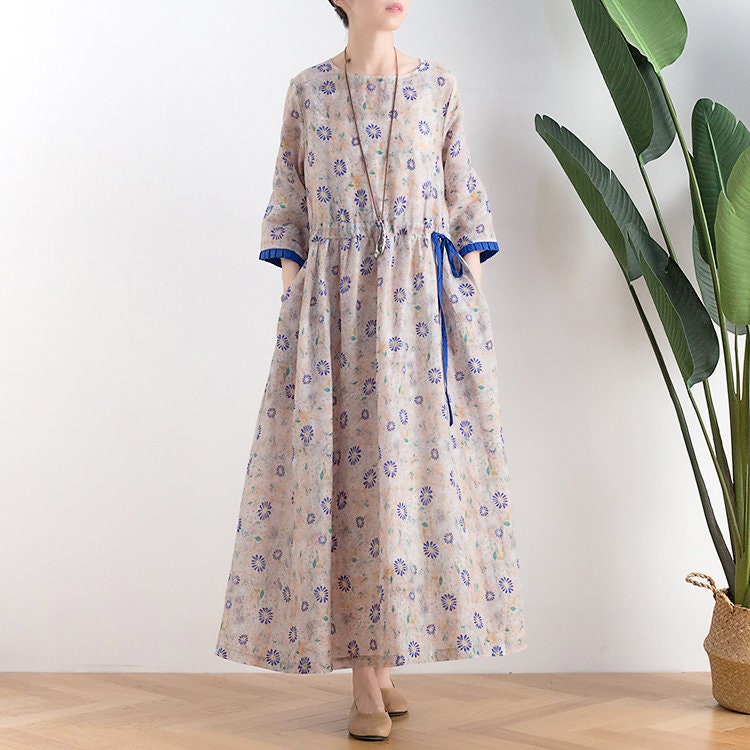 Womens Summer Loose Fitting Printed Floral Linen Dress With - Etsy