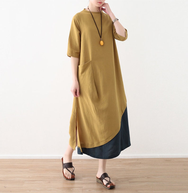 Summer Dress For Women Womens Summer Loose Fitting Irregular Patchwork Cotton Linen Robe Dress With Pocket Womans Casual Dress Long Dress