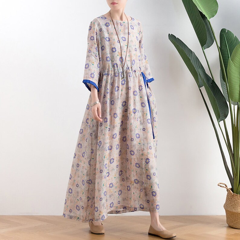 Womens Summer Loose Fitting Printed Floral Linen Dress With Pockets ...