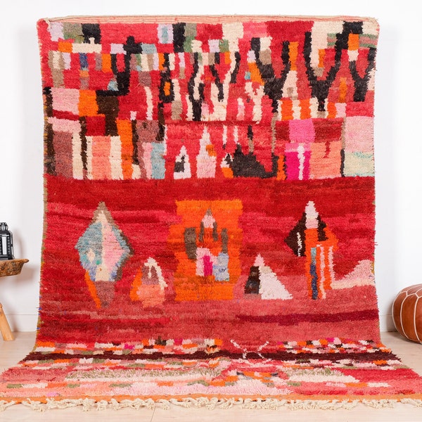 Vintage Boujaad Rug, Red Moroccan Rug, 7x10 ft