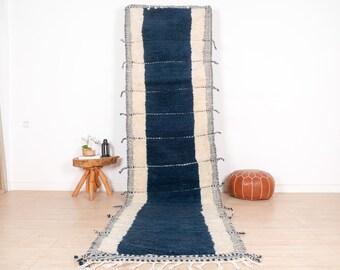 Blue Moroccan Runner Rug, Beni Ourain Runner Rug 3x12 ft