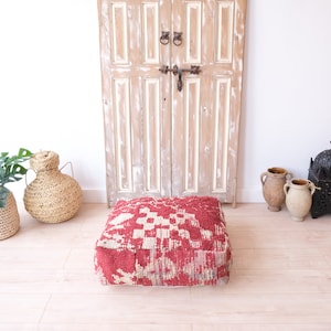 Moroccan Kilim Pouf, Red Moroccan Floor Cushion, Vintage Kilim Pouf