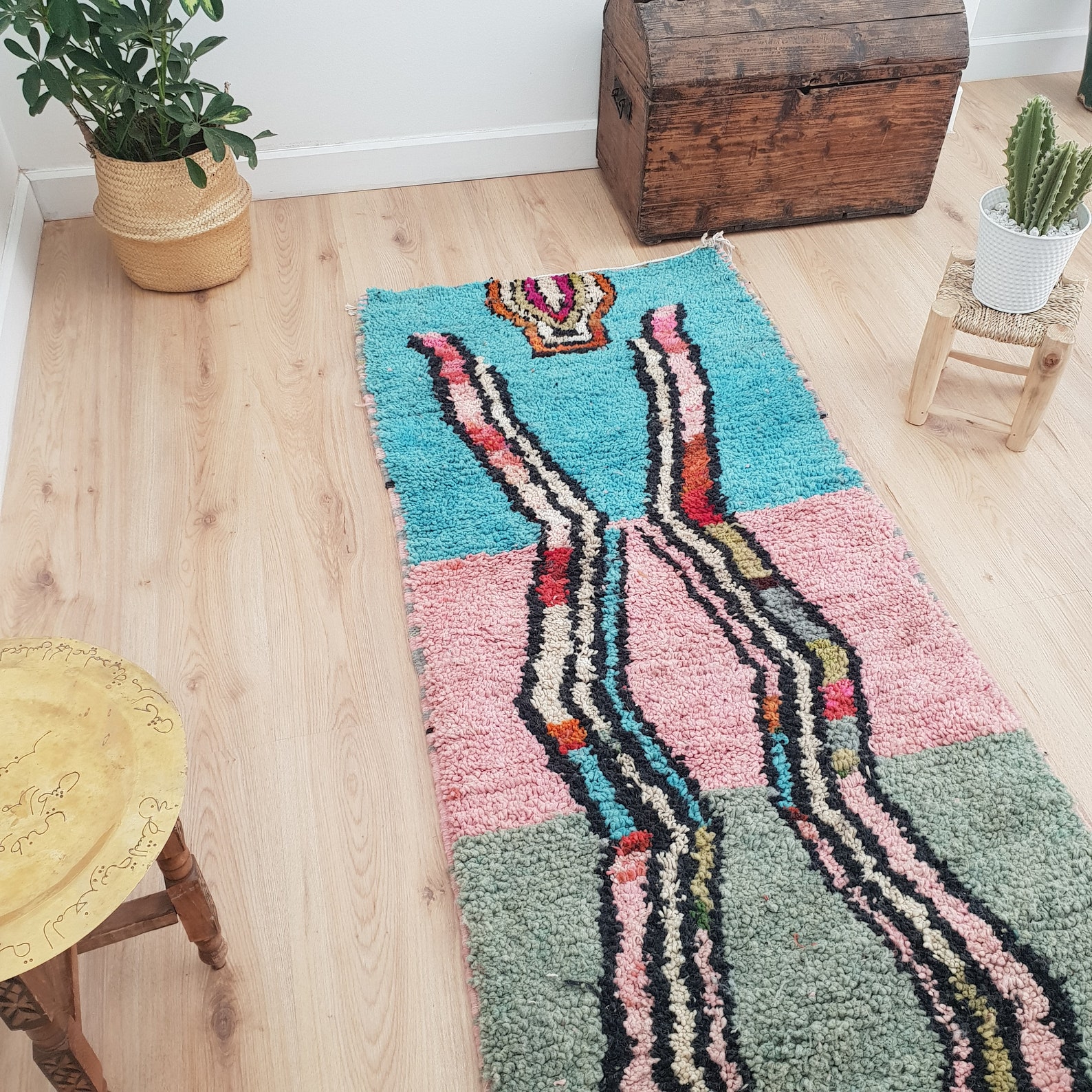 Authentic Pink & Blue Runner Rug 2x10 ft Vintage Moroccan Etsy
