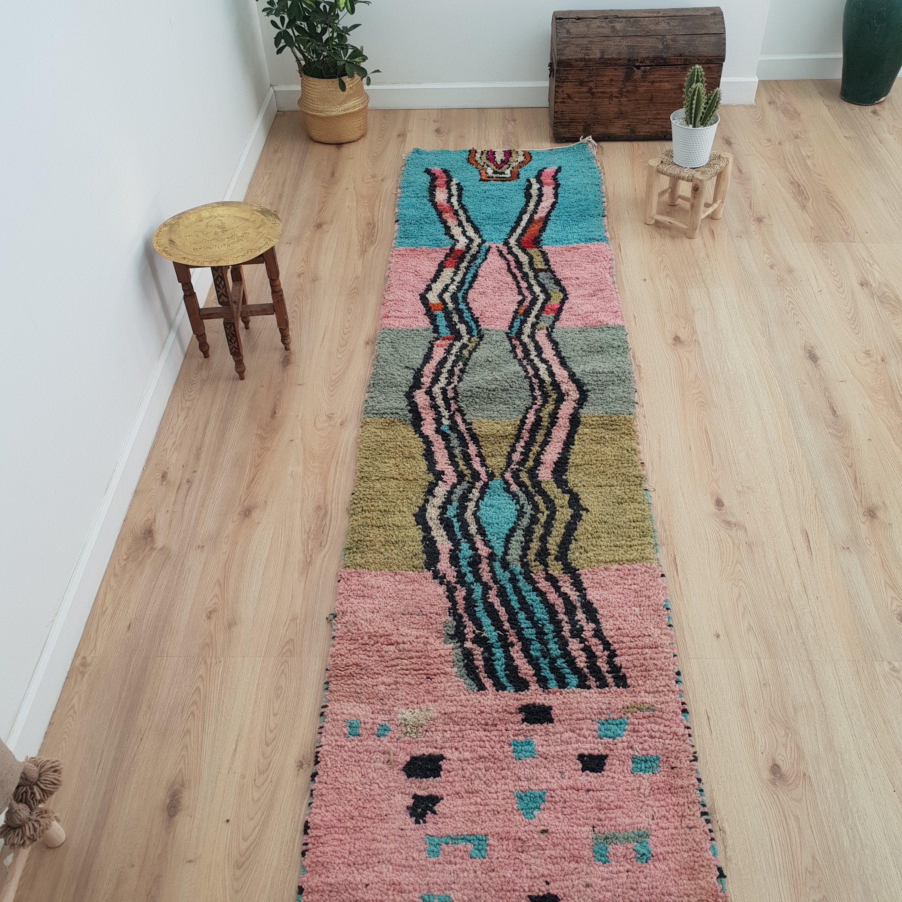 Authentic Pink & Blue Runner Rug 2x10 ft Vintage Moroccan Etsy