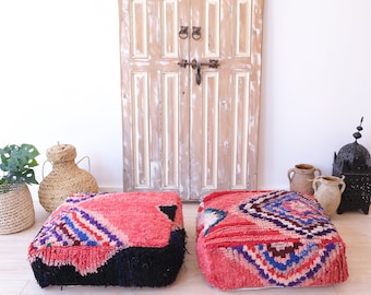 Set of 2 Moroccan Floor Cushions, Red Moroccan Kilim Pouf, Vintage Floor Pillow