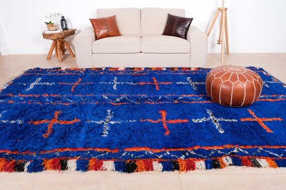 ヴィンテージ モロッコ ラグ、ブルー ブージャード ラグ 7 x 12