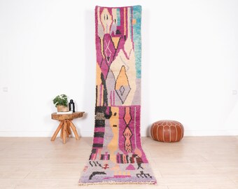 Vintage Moroccan Runner Rug, Handwoven Wool Hallway Carpet, 2x12 ft