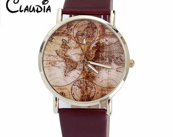 Claudia Reloj Mujer Women's World Map Leather Band Watch