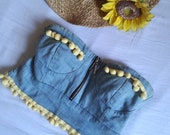 Headband top, heart shape, zip, elastic, denim, jeans, clothing, woman, pom poon, yellow, blue, sea, summer, top, band, pin-up,