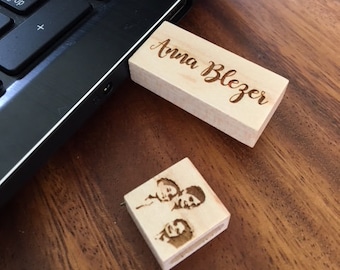 Personalized engraved wooden USB stick 16 GB (3.0) with photo / text / name / icon / logo