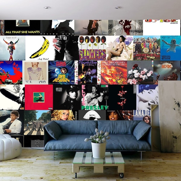 Retro Vinyl Records Wallpaper Collage Famous Music Artists & Rock Bands Pop Art Peel and Stick Vintage Art Wall Mural Retro Teenager Decor