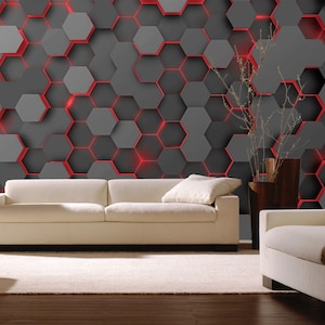 Abstract Hexagon Wall Mural Red Geometric Wallpaper Gaming Room Decor Peel and Stick Wall Mural Teenager Wall Decor Office mural Decoration