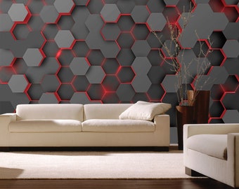 Abstract Hexagon Wall Mural Red Geometric Wallpaper Gaming Room Decor Peel and Stick Wall Mural Teenager Wall Decor Office mural Decoration