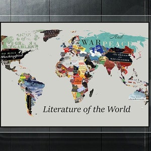 Mapa de literatura Mapa de literatura mundial Cartel literario Arte literario Impresión literaria Regalos literarios Cartel del mapa mundial Libro Amante Regalo Mapa mundial
