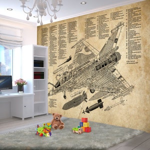 May include: A vintage style illustration of a fighter jet with detailed line drawings and labels. The illustration is printed on a beige background with a faded, aged look. The image is suitable for a wall mural or a poster.