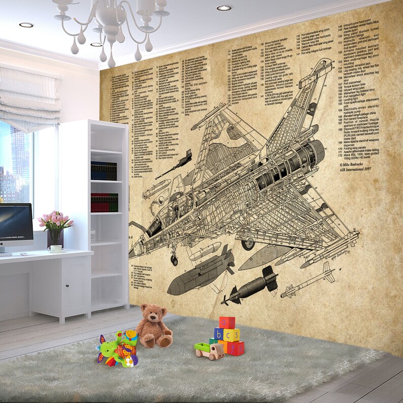 May include: A vintage style illustration of a fighter jet with detailed line drawings and labels. The illustration is printed on a beige background with a faded, aged look. The image is suitable for a wall mural or a poster.