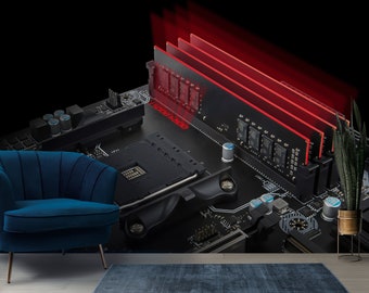 Motherboard Mural Computer Technology wall Art Circuit Board Wallpaper Peel and Stick Engineer room Decor Gamer wallpaper Programmers Gift
