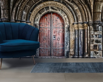 Antique Door Wallpaper Gothic Castle Wall Mural Peel & Stick Removable Vintage Arches Wallpaper Architecture Wall art Magic Retro Wall Mural