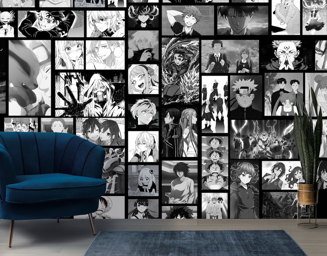Anime Characters Wallpaper Black & White Wall Mural Japanese Manga Peel and Stick Playroom Decor Removable or Traditional Wallpaper Pop art