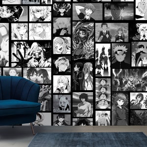 Papel de parede de personagens de anime, mural de parede preto e branco, mangá japonês, descascar e colar, decoração de sala de jogos, papel de parede removível ou tradicional, pop art