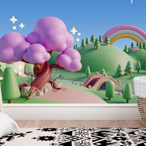 Cityscape Rainbow Kids Wallpaper Mural Peel & Stick Nursery Decor Self Adhesive City Skyline Children Wallpaper Non Woven Playroom wallpaper
