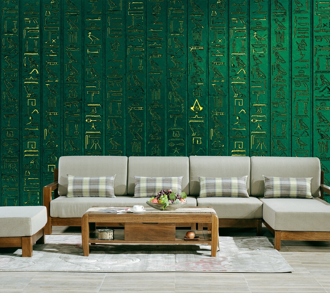 Hieroglyphs Egyptian Wallpaper & Wall Mural Green Wall Art Retro ...