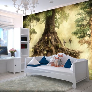 Fantasy Enchanted forest wall mural Treehouse wallpaper Magic forest wall art Fairy mural Nursery room decor Self-Adhesive Removable Mural