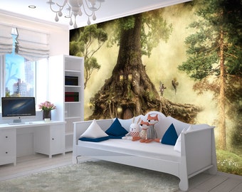 Fantasy Enchanted forest wall mural Treehouse wallpaper Magic forest wall art Fairy mural Nursery room decor Self-Adhesive Removable Mural