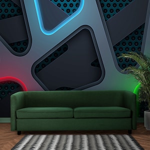 May include: A green sofa sits in front of a wall with a geometric pattern featuring neon blue and red accents. The wall is decorated with a black and white patterned design.