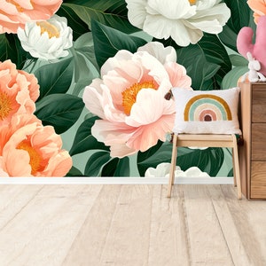 Pastel Peonies Wallpaper Floral Peel & Stick Mural Wallpaper temporary wallpaper Wall Mural Living Room Decor Rose Wallpaper Self Adhesive