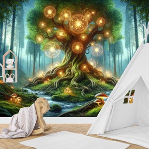 Tree of Life Peel & Stick Wall Mural Magical Nursery Wallpaper Fantasy Forest Wallpaper Playroom decor Enchanting Fireflies vinyl wallpaper