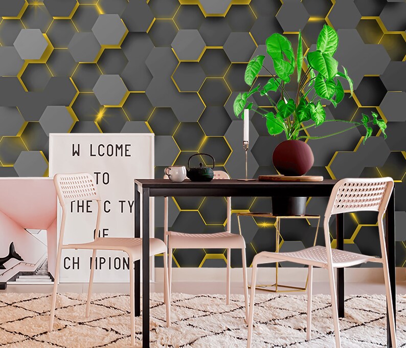 Modern Hexagon Yellow Texture Wallpaper 3D Geometric Wall Coverings ...