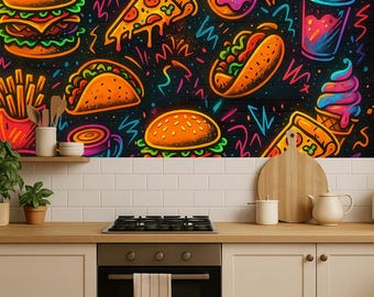 Restaurant Wall Mural Custom Size, Neon Fast Food Wallpaper, Cafe Graffiti Burger Pizza Wall Mural, Peel and Stick
