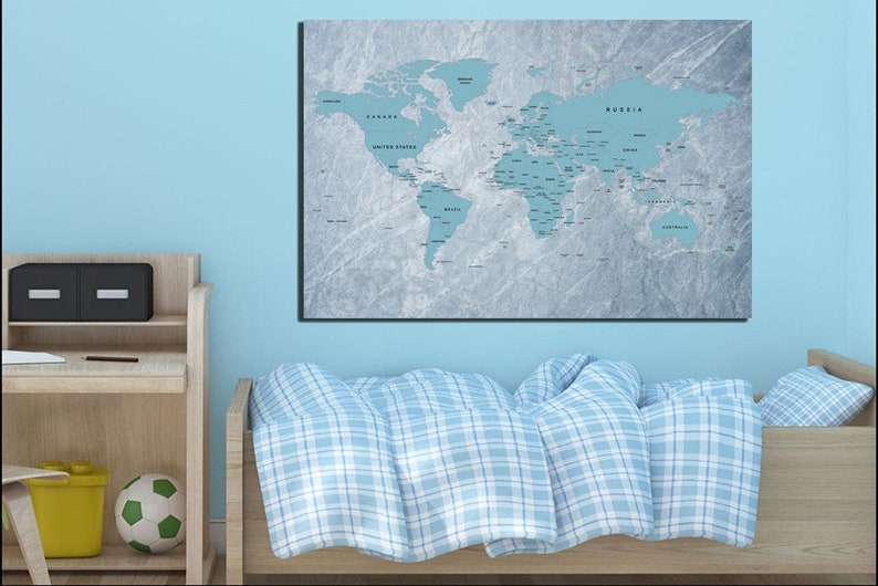 World Map Canvas Map Wall Art Nursery Map Blue Wall Décor Kids Etsy