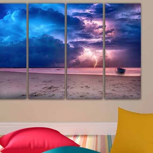 Sea Storm Canvas Boat Wall Art Lightning Print Stormy Beach Art Cloudy ...