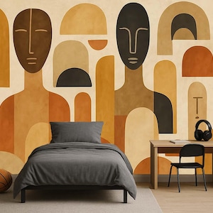 May include: A bedroom with a mural featuring abstract human figures in shades of brown, orange, and black. The room includes a bed with gray bedding, a desk, a skateboard, a basketball, and a floor lamp.