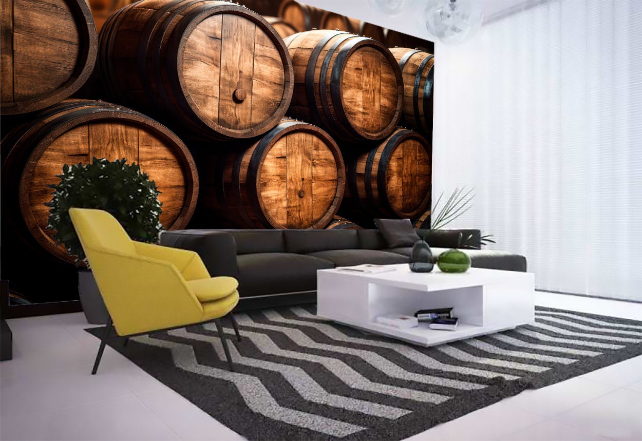 Wine Vault Wallpaper & Wall Mural Oak Barrel Peel and Stick Vintage ...