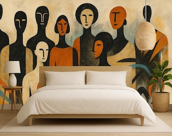 Abstract Faces Wall Mural, African Art Wallpaper Peel and Stick, Modern Boho Portrait Wallpaper, Non Woven Custom Size