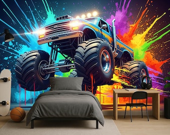 Colorful Monster Truck Wallpaper Peel and Stick Graffiti Wall Mural for Kids Room, Boys Bedroom, Racing Wall Art Effect non woven Wallpaper