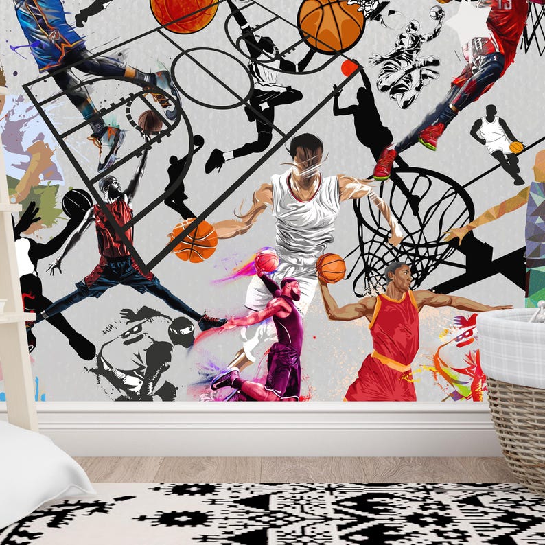 A gym interior with a wall mural featuring a basketball theme. The mural is a collage of basketball players in various poses, basketballs, and basketball hoops. The gym also has a weight bench, dumbbells, a kettlebell, and a blue exercise ball.
