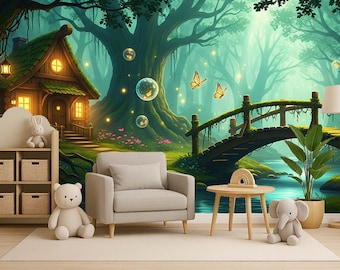 Enchanted Forest Wallpaper Peel and Stick – Fairy Cottage Wall Mural for Kids Room Nursery Magical Woodland Decor non woven Wallpaper