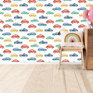 Bunte Autos Kinder Tapete Jungenzimmer Wandbild Kinderzimmer oder Spielzimmer Auto-Wand-Dekor Aquarell Fahrzeug Tapete Schälen und Aufkleben Tapete