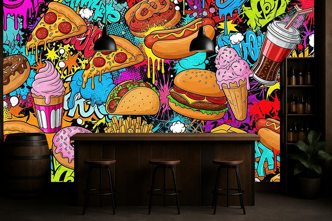 Fast Food Wall Mural, Food Graffiti Wallpaper for Restaurant Bar Cafe ...